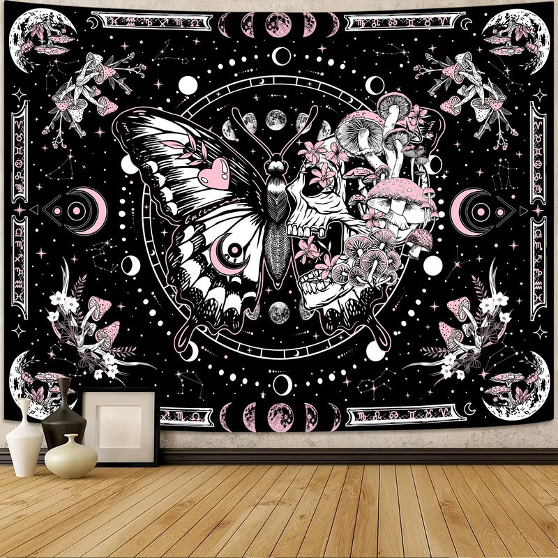 VIKAMA Gothic Bohemian Wandteppich mit rosa Totenköpfen, schwarzen Schmetterlingen und floralen Pilzmotiven in Textil, B/H: 160 x 140 cm - Bild 3