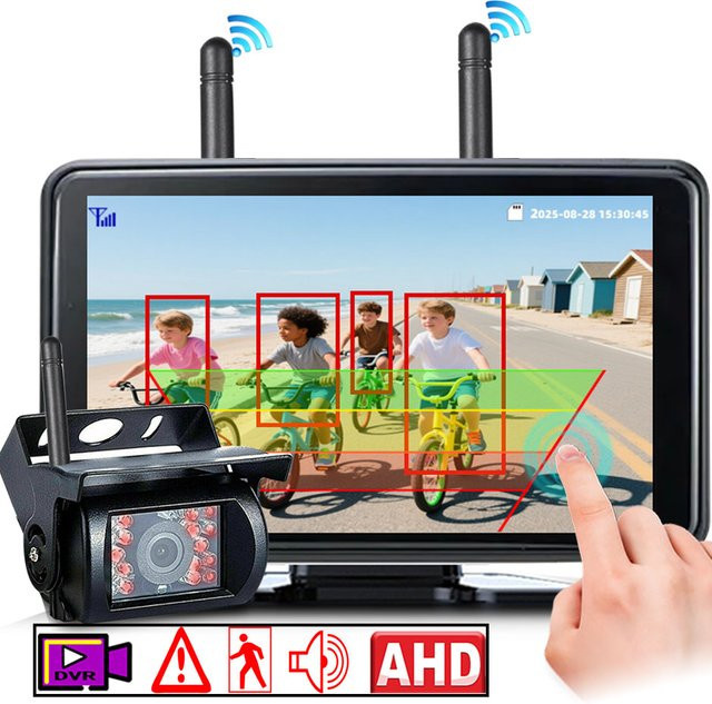QXNY HD Kabelloses DVR Dashcam System mit 7 Zoll AHD1080P Monitor und IR-Rückfahrkamera in Schwarz für LKW, Wohnmobile und Anhänger - Bild 1
