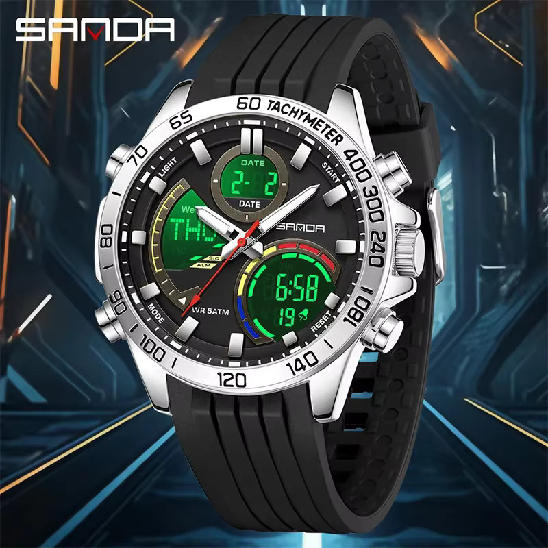 SANDA Armbanduhr Analog-Digital, Schwarz, Silikon, 5 ATM, Herren - Bild 1