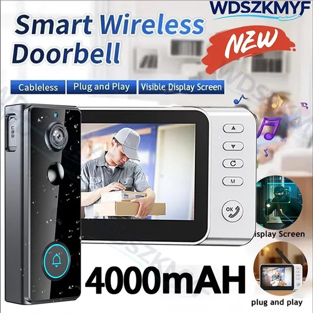 Wasserdichte kabellose Video-Türklingelkamera in Schwarz mit 4,3-Zoll-IPS-Bildschirm, 1080P-Videoauflösung, 4000 mAh Akku, PIR-Bewegungssensor und Zwei-Wege-Gegensprechanlage - Bild 1