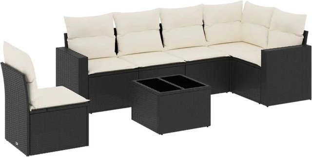 vidaXL 7-tlg Garten-Sofagarnitur in L-Form aus schwarzem PE-Rattan mit cremeweißen Kissen und pulverbeschichtetem Stahlgestell - Bild 1