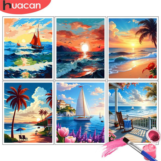 HUACAN Malen nach Zahlen, Sonnenuntergang, Segelboote, Set - Bild 1