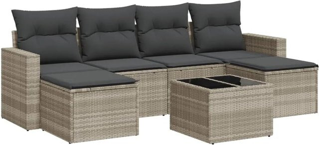 vidaXL 7-tlg Garten-Sofagarnitur L-Form aus Poly Rattan in Hellgrau mit UV-beständigen Kissen und pulverbeschichtetem Stahlgestell - Bild 1