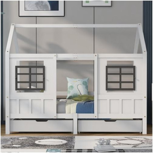 MUVOE Hausbett für Kinder in Weiß mit 2 Schubladen und 2 Fenstern aus Kiefernholz und MDF, B/T: 200 x 90 cm - Bild 1