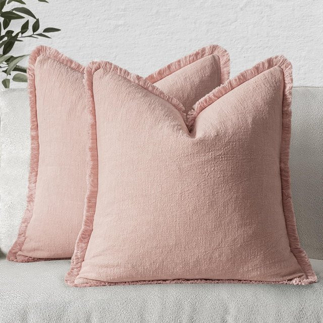 JMG Clothing Dekorative Leinen-Kissenhülle mit Fransen in Pink, B/B/H: 50 x 50 x 0 cm - Bild 1