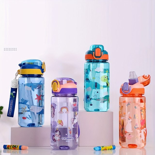 YOCITY Dinosaurier-Wasserflasche für Kinder in Blau mit Silikonstrohhalm, 600 ml - Bild 1