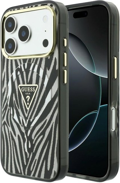 Guess MagSafe-Hülle für Apple iPhone 18 Pro und iPhone 17 Pro mit Zebra Glitter Dreieck Logo in Silber und Multicolour - Bild 1