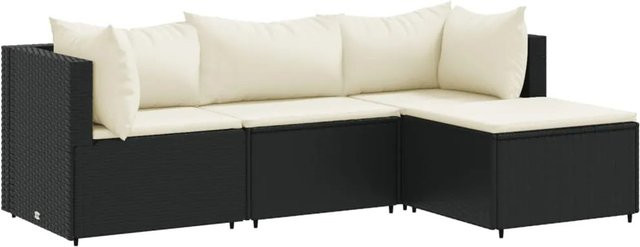 vidaXL 4-teiliges Garten-Lounge-Set in L-Form aus Poly-Rattan und pulverbeschichtetem Stahl, Schwarz mit Kissen und Rückenkissen - Bild 1