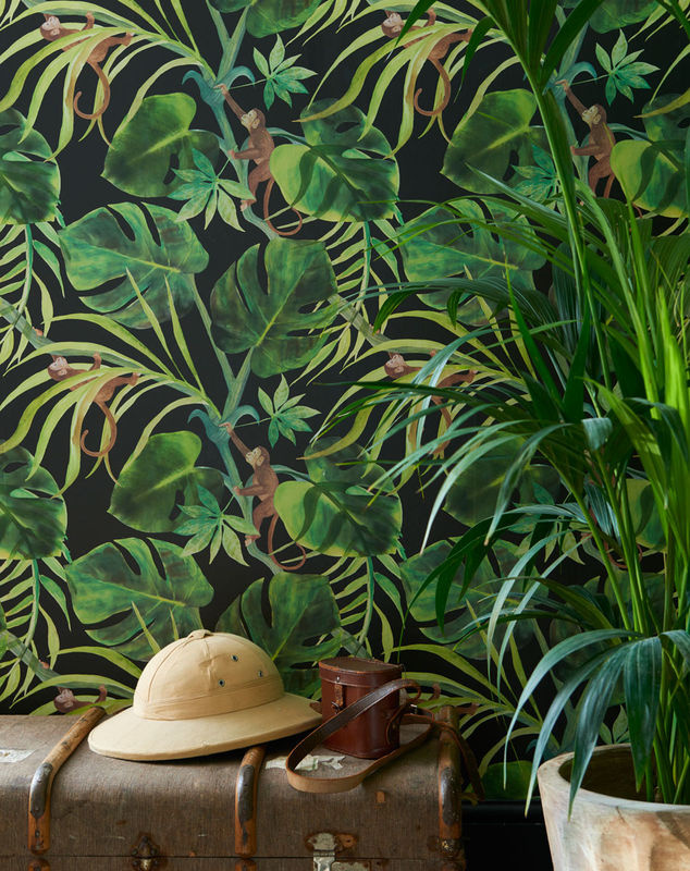 Clarke & Clarke Tapete Monkey Business Ebony mit Tiermotiv und botanischem Design in Schwarz, Silber, Grün und Multicolour - Bild 2