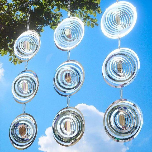 3er Set reflektierende 3D Wind Spinner aus Edelstahl als Vogelabschreckung in Silber - Bild 1