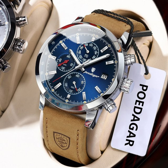 POEDAGAR Chronograph Armbanduhr, Quarz, Leder, Silber, Herren - Bild 1