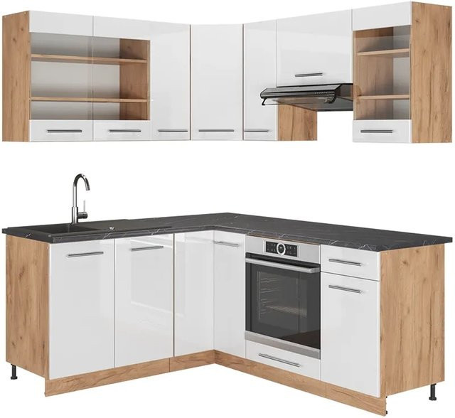 Vicco Eckküche Fame-Line Küchenzeile in Weiß und Eiche mit Hochglanz-Finish, Breite: 190 cm - Bild 2