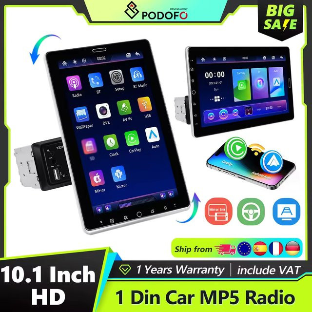 Podofo 1Din 10,1 Zoll Autoradio in Schwarz mit Carplay, Android Auto, Mirror Link, GPS-Navigation, Bluetooth, FM-Radio, USB und EQ - Bild 1