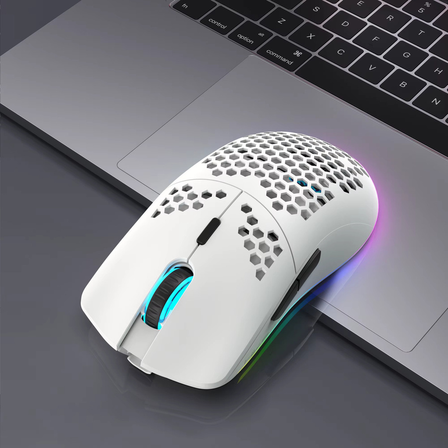 HXSJ Kabellose Gaming-Maus mit RGB-Beleuchtung in Weiß, Wabendesign und 2,4G USB Plug & Play, wiederaufladbar für Rechtshänder - Bild 2