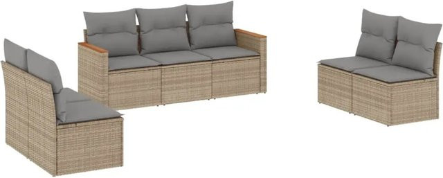 vidaXL 7-teilige Garten-Sofagarnitur in L-Form aus Polyrattan und Akazienholz in Beige mit Sitzkissen und Stauraum - Bild 1
