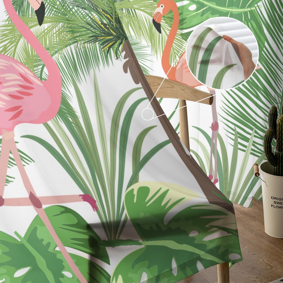 Transparente Voile-Vorhänge mit Flamingo und tropischen Blättern in Grün und Multicolour, Breite: 135 cm, Höhe: 115 cm - Bild 2