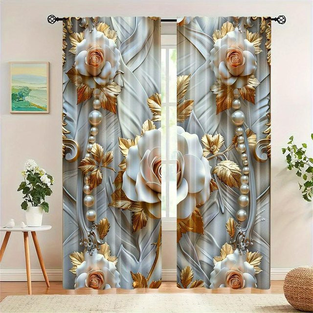 2er Set halbtransparente Vorhangpaneele von Yiran Furniture mit goldenem Blumendruck und Stangendurchzug, Breite: 100 cm, Höhe: 130 cm - Bild 1