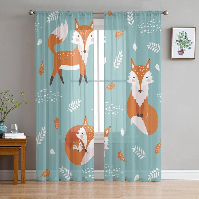 Transparente Tüll-Vorhänge mit Fuchs- und Blättermuster in Grau, Orange und Blau, Breite: 135 cm, Höhe: 115 cm - Bild 1
