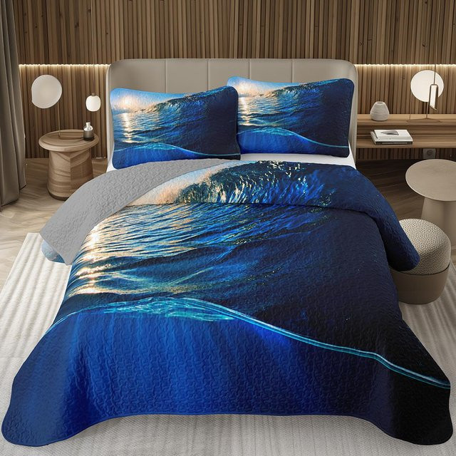 Lodestar Wendbare Tagesdecke mit Natur-Motiv in Grau und Blau, Gestepptes Bettwäsche-Set aus Mikrofaser, B/B: 200 x 200 cm - Bild 1