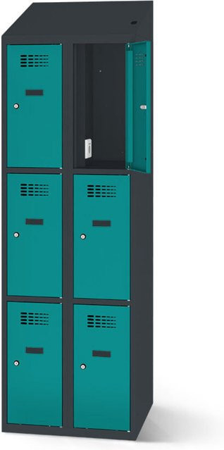 rotstahl Fächerschrank mit Ladefunktion und 6 Fächern in Türkis mit anthrazitgrauem Korpus, B: 80 cm, H: 200 cm - Bild 1