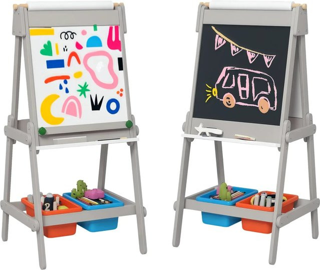 AIYAPLAY 3-in-1 Kindertafel aus MDF und Kiefernholz in Grau, doppelseitige Kinder Staffelei mit Kreidetafel und Whiteboard, H x B x T: 108 x 50 x 50 cm - Bild 1