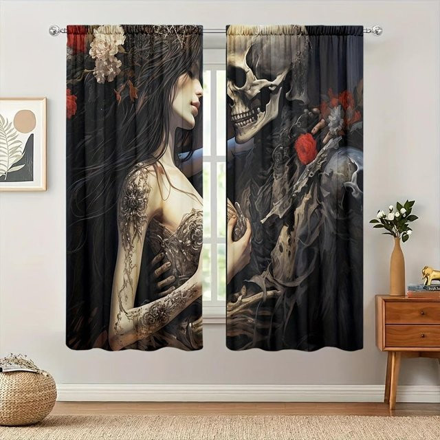 Yiran Furniture Dekorative Vorhänge mit Schädel-Blumen-Print, 2er-Set, Polyester, halbtransparent, Mehrfarbig, Breite: 50 cm, Höhe: 140 cm - Bild 1