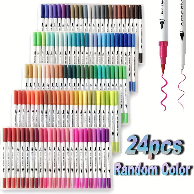 Aquarell-Kunstset mit 24 leuchtenden Farben-Markern in Multicolour, Doppelspitzen mit Pinsel und feiner Spitze, waschbares Manga-Zeichenzubehör für Erwachsene und Kinder - Bild 1
