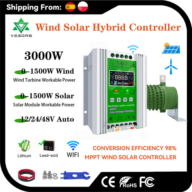 VESDAS 3000 W MPPT Wind-Solar-Hybrid-Laderegler in Silber mit LCD-Display und optionalem WLAN für 12V, 24V oder 48V Lifepo4, Lithium- und Blei-Säure-Batterien - Bild 1