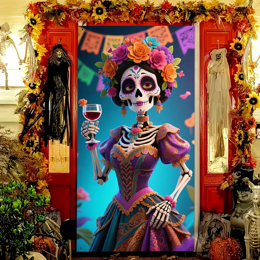 Mexikanisches Tag der Toten und Halloween Party-Banner aus Polyester, Mehrfarbige Wanddekoration mit Blumenmuster, B/H: 90 x 180 cm - Bild 3