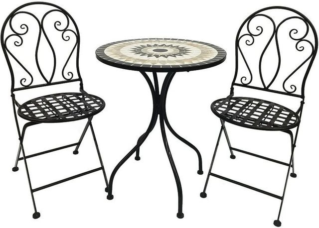 Lex 3-teiliges Mosaik Gartenset aus Eisen und Keramik, klappbares Bistro Set für Garten, Balkon oder Terrasse, rund, Mehrfarbig - Bild 1