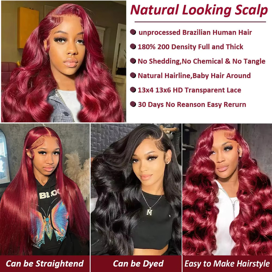 Sooolavely Echthaar-Perücke, Body Wave, Rot-Burgunder, Unisex - Bild 2