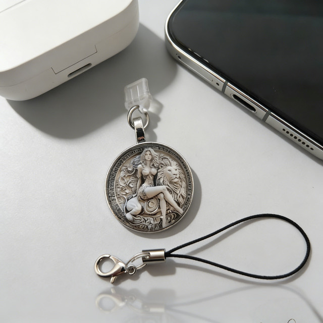 Vintage Lanyard Telefon-Staubschutz mit Anti-Verlust-Gurt und Löwen-Prägung in Silber - Bild 1
