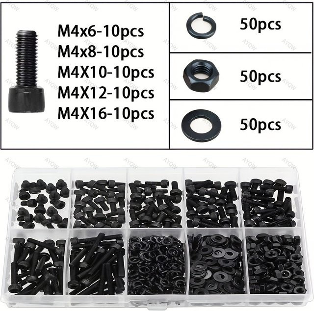 200-teiliges M4 Schraubenset aus legiertem Stahl in Schwarz mit Sechskantschrauben, Muttern und Unterlegscheiben - Bild 1