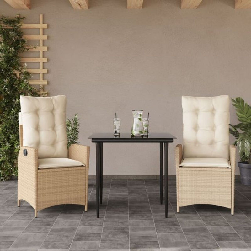3-teilige Garten-Essgruppe aus Poly-Rattan mit Glasplatte und Kissen in Beige von vidaxl - Bild 1