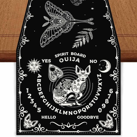 JMG Household Supplies Leinen Tischläufer Mottenmagie Schwarze Katze Boho Astrologie Tarot Dekoration, Farbe: Schwarz, Breite: 150 cm, Tiefe: 33 cm