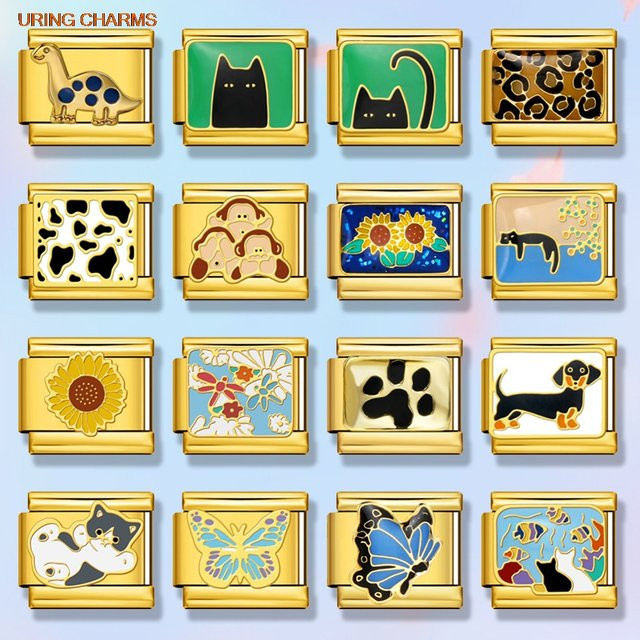 URING Charms Edelstahl, Gold, Schmetterling, Affe, Libelle, Katze, Unisex - Bild 1