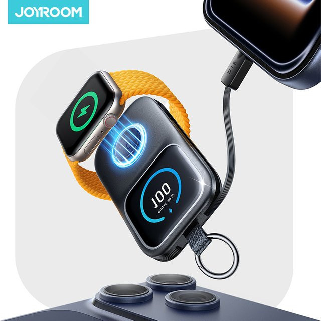 Joyroom Powerbank JR-W19 in Schwarz mit 5000mAh Kapazität, integriertem USB-C-Kabel, 20W PD Schnellladung und kabellosem Ladegerät für Apple Watch - Bild 1