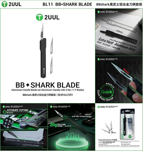 BBshark Black Knight Klingenset mit Aluminiumgriff in Schwarz inklusive 3 Nr. 11 Klingen für die Telefonreparatur - Bild 1