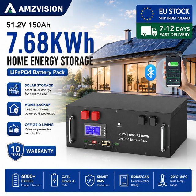 AMZVISION LiFePO4 48V 150Ah Lithium-Batterie mit Bluetooth und BMS für Heimspeicher-Wechselrichter, Schwarz - Bild 1