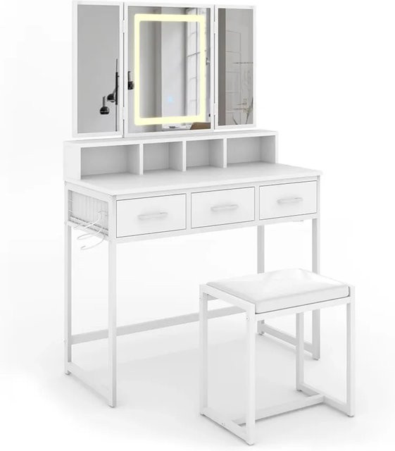 Vicco Schminktisch Mavida Weiß mit LED-Spiegel und Hocker B/T/H: 90 x 40 x 137,5 cm - Bild 1