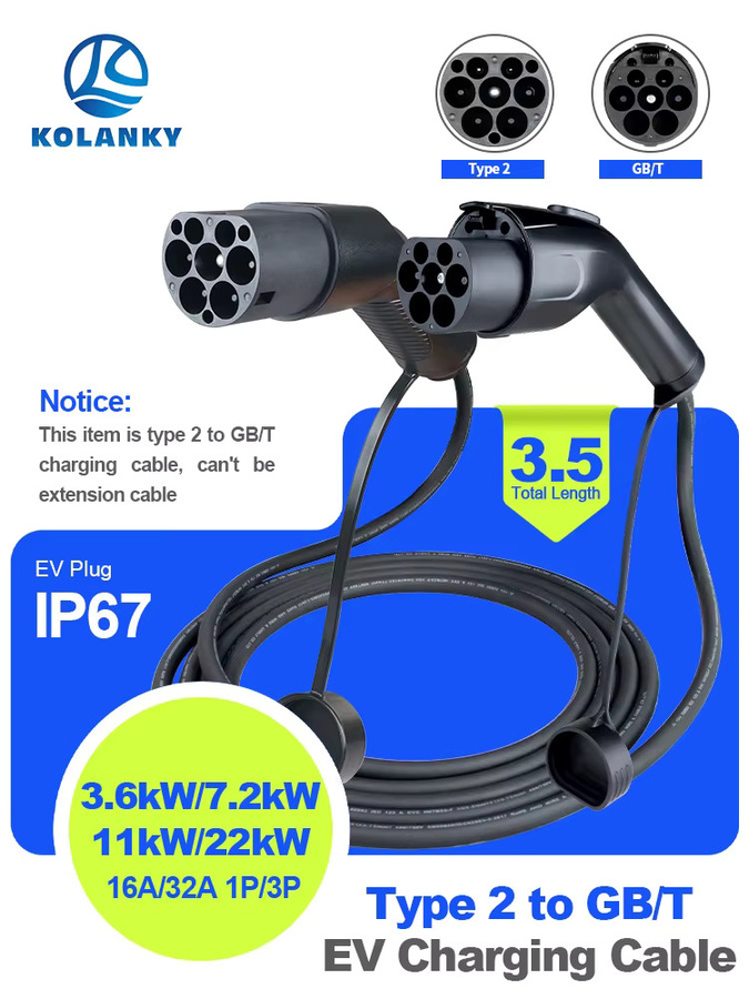 KOLANKY EV-Ladekabel Typ2 auf GBT, Schwarz, Länge: 3,5 m, 16 A, bis zu 22 kW für GBT-Elektrofahrzeuge - Bild 6