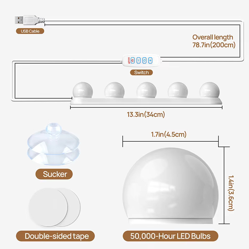 IEEYEEY Kosmetikspiegel mit 5 dimmbaren LED-Leuchten, USB-Anschluss, Weiß - Bild 5