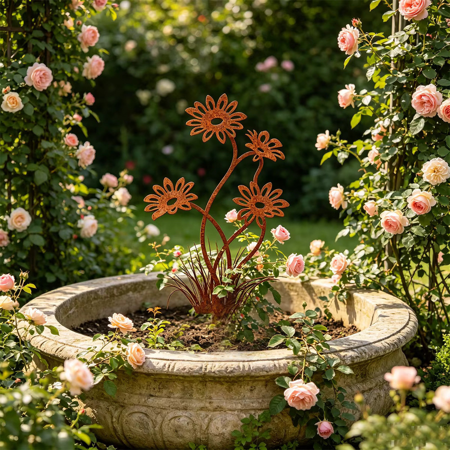 Schmiedeeiserner Garten-Dekostab mit Blumensilhouette in Braun, rustikaler Pflanzpfahl aus Metall für Blumenbeete und Rasenflächen, Höhe: 30,0 cm, Breite: 16,5 cm - Bild 2