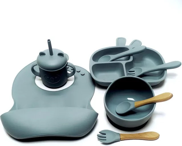 BPA-freies Silikon Baby Geschirr Set in Grün mit Teller, Schüssel, Lätzchen, Gabel und Löffel - Bild 1