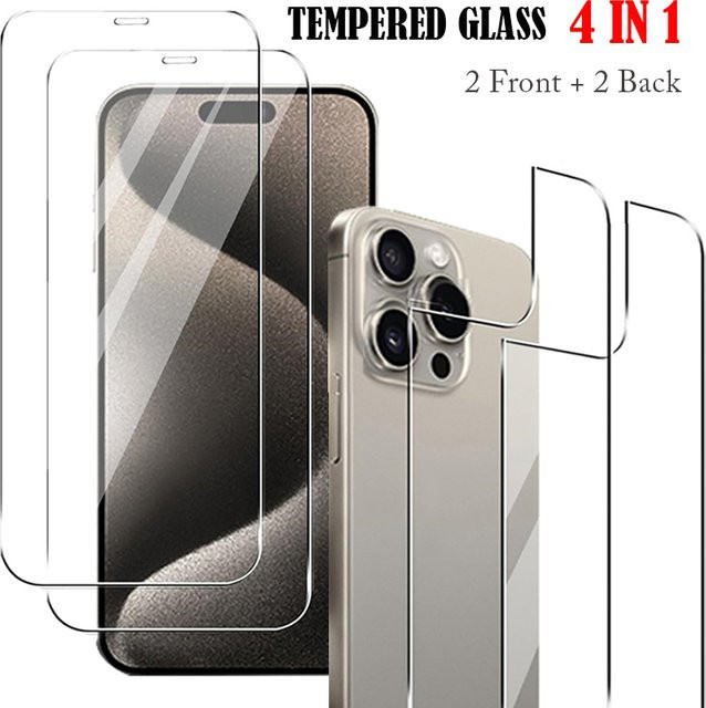 Schutzfolien-Set für Apple iPhone 16 15 14 13 12 11 Pro Max Plus Mini aus Klarglas mit 2 Rückseiten und 2 gehärteten Vordergläsern, transparent - Bild 1