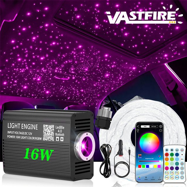 VASTFIRE Starlight Headliner Kit mit 550 Glasfasern, 16W RGBW Sternenlicht für Auto, Musik- und Sprachaktiviert, Multicolour, Schwarz - Bild 1