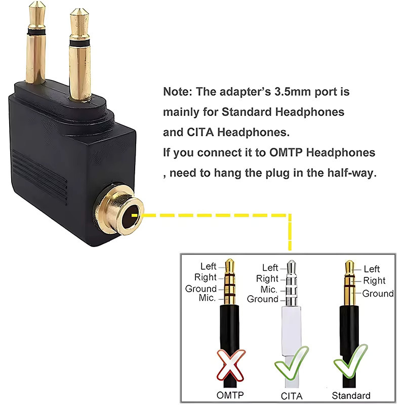 VAORLO Flugzeug Audio Adapter mit 3,5 mm Klinkenstecker in Schwarz - Bild 5