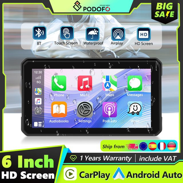 Podofo Carplay Motorrad-Monitor mit Android Auto und Airplay, IP68 wasserdicht, Farbe: Schwarz - Bild 1