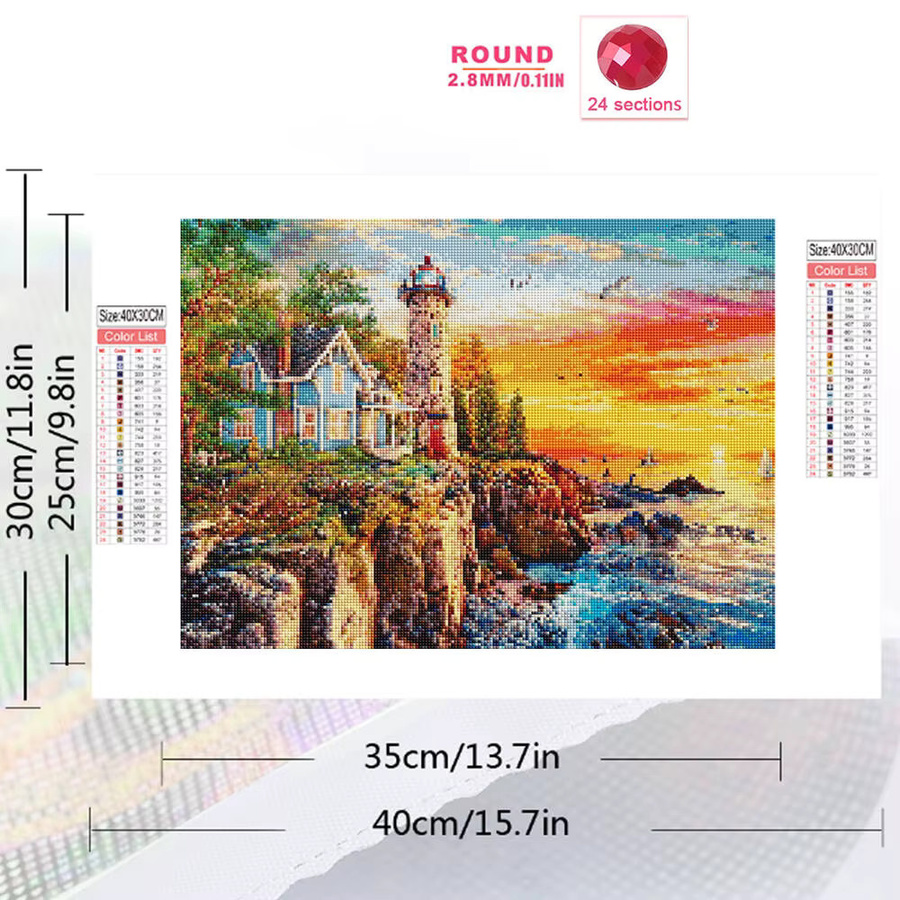 Evershine Diamantmalerei Landschaft mit Leuchtturm und Meer als runde Mosaik-Stickerei - Bild 2