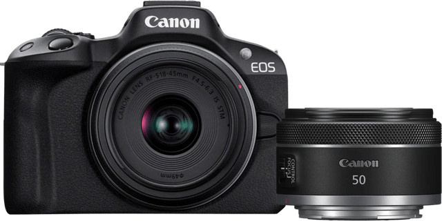 Canon EOS R50 spiegellose APS-C Kamera Set in Schwarz mit RF-S 18-45mm f/4.5-6.3 IS STM und RF 50mm f/1.8 STM Objektiv - Bild 1